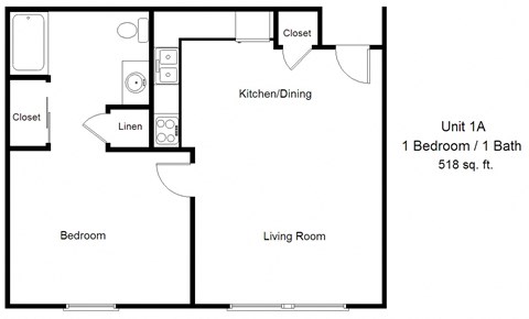 Floor plan for 1 bed, 1 bath, 518 sqft